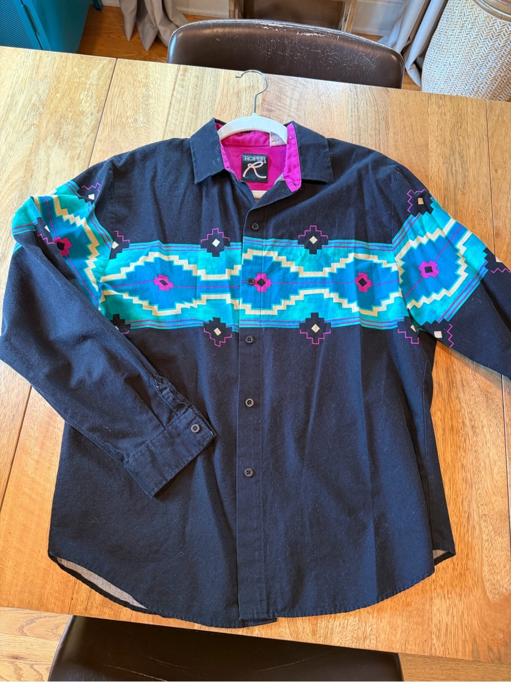 Roper Black Button-Down Shirt with Turquoise & Pink Southwestern Stripe